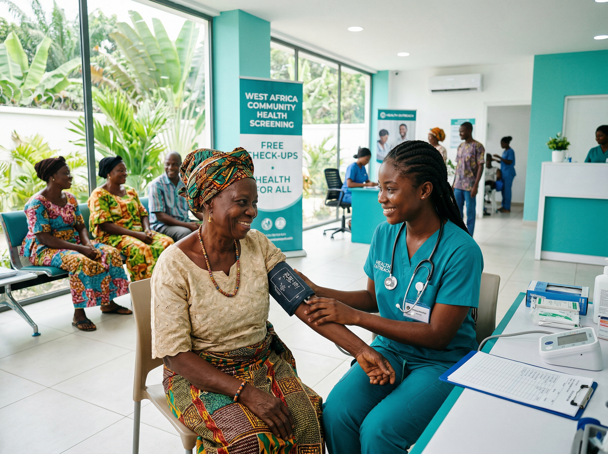Healthcare worker providing care during a community health screening in West Africa