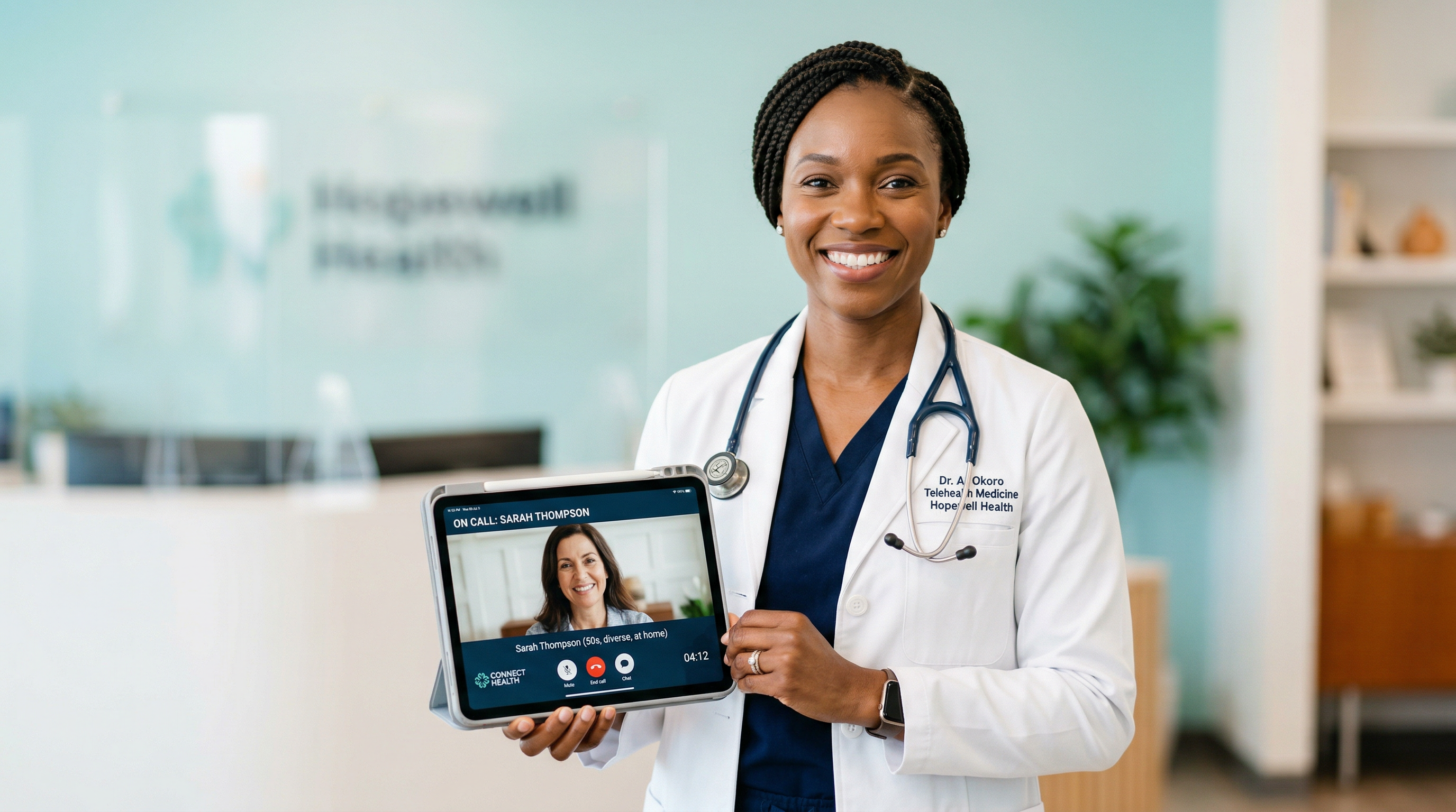 African doctor conducting a telehealth video consultation on a tablet