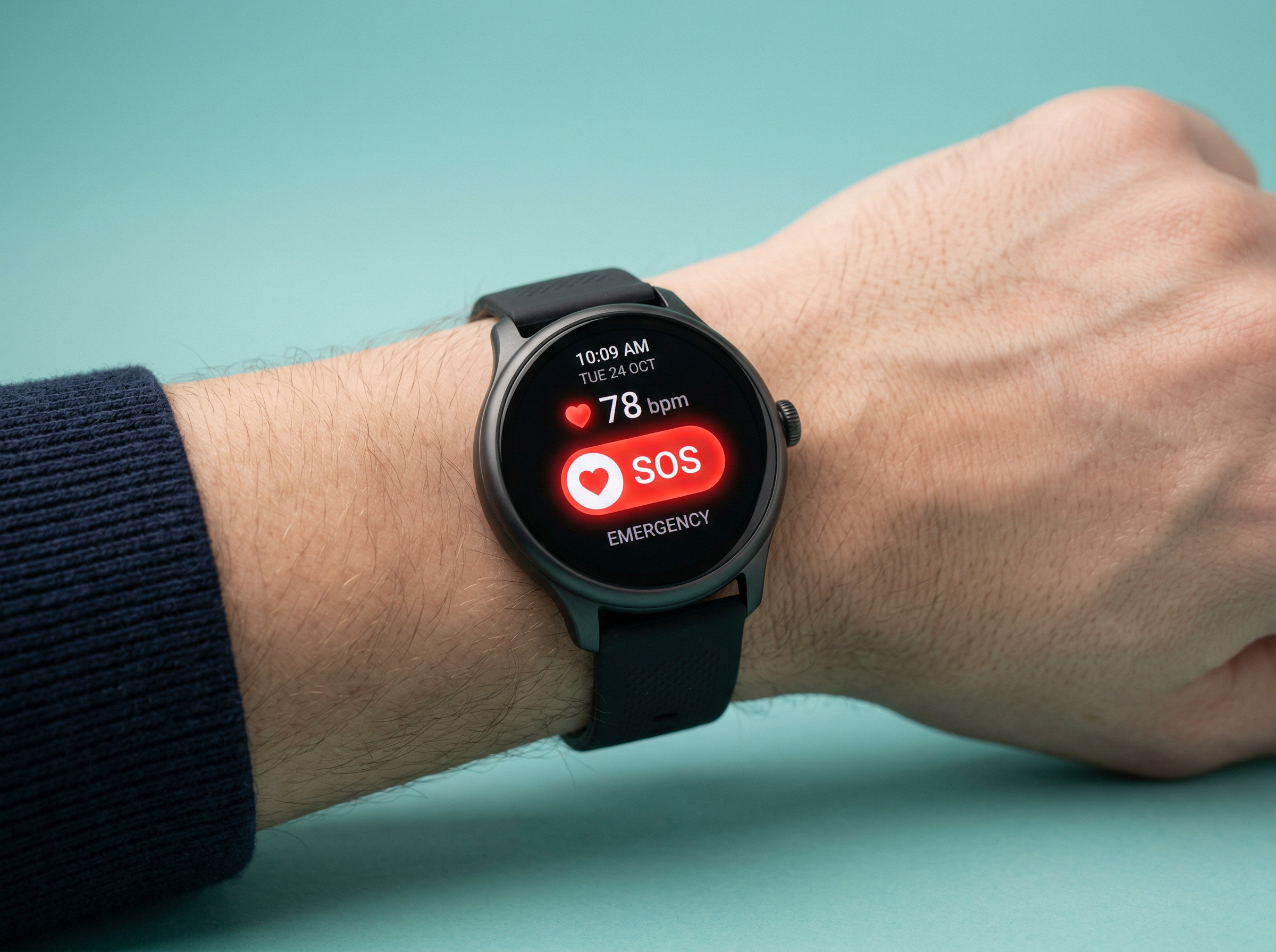 Medical alert smartwatch showing SOS emergency button and heart rate monitor