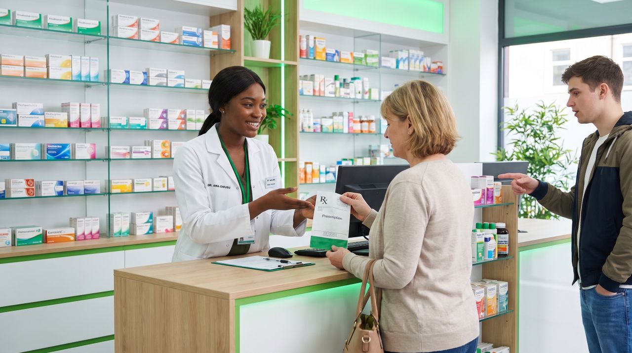 Pharmacist providing medication advice to a patient